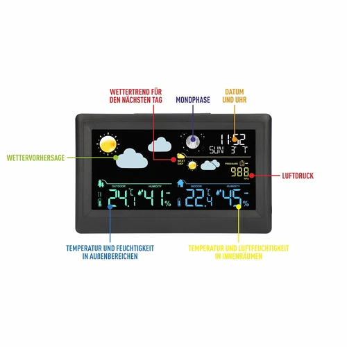 Elektronische Wetterstation - drahtlos, mit Sensor, schwarz - 7 ['drahtlose Wetterstation', ' Messung von Außen- und Innentemperatur', ' Feuchtigkeitsmessung', ' Wetterstation mit Kalender', ' Wetterstation mit Wecker', ' präzise Wetterstation', ' Wetterstation', ' elektronische Wetterstation', ' Universal-Wetterstation', ' perfektes Wettermessgerät', ' Temperaturkontrolle', ' Wetterfrosch', ' Feuchtigkeitssensor', ' Hygrometer', ' Barometer', ' Luftdruckmessung', ' Wetterfrosch', ' Mondphasen', ' Geschenkidee', ' Trends', ' Wetterstation mit Farbmonitor.']