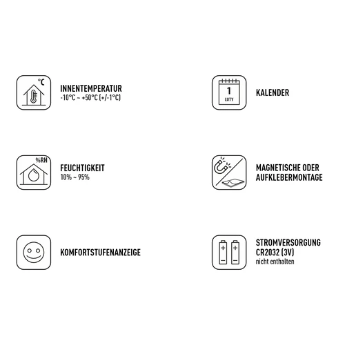 Elektronisches Raumthermometer, weiß - 8 ['elektronisches thermometer', ' thermometer mit uhr und datum', ' thermometer mit feuchtigkeitsmesser', ' raumfeuchtemessung', ' komfortmessgerät', ' thermometer mit komfortanzeige', ' multifunktionales thermometer', ' innenthermometer', ' innenthermometer', ' kabelloses thermometer', ' elektronisches wandthermometer']