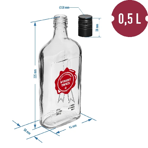 Flachmann-Flasche 0,5 L mit Schraubverschluss, 2-farbigem Aufdruck "Wyborny Trunek" - 4 St. - 8 ['Flasche', ' Flaschen', ' Flaschen mit Aufdruck', ' Likörflasche', ' Flasche für Selbstgebrannten Schnaps', ' Alkoholflasche', ' Flasche mit Aufdruck', ' Glasflasche mit Aufdruck und Schraubverschluss', ' Flaschen 500 ml mit Korken', ' Flaschen mit Korken Set', ' für Hochzeitsfeier', ' Flasche für hausgemachten Alkohol', ' Geschenkflasche', ' Flachmann-Flasche', ' Aufdruck Hervorragender edler Tropfen']