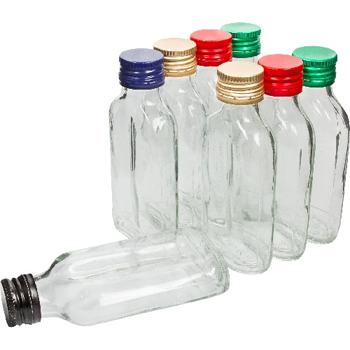 Flasche - Flachmann für Liköre, 100 ml - 8 Stck.  - 1 ['Flaschen', ' Tinkturen', ' Tinkturflaschen', ' hausgemachter Likör', ' Tinkturflasche mit Schraubverschluss', ' Flasche mit Schraubverschluss', ' Flaschen mit farbigen Schraubverschlüssen', ' farbige Schraubverschlüsse', ' Schraubverschlüsse']