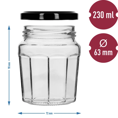 Glas Konfitüre 230ml mit schwarzem Schraubverschluss fi63/4 - 6 St. - 8 ['Glas', ' Glas Konfitüre', ' Glas 230 ml', ' Gläserset', ' Gläser aus Glas', ' Gläser für Einmachprodukte', ' Gläser für Honig', ' Gläser 6 Stück', ' Glas aus Glas', ' Gläser für Marmeladen', ' Gläser für Konfitüren', ' Glas für Honige', ' Gläser mit Schraubverschlüssen']