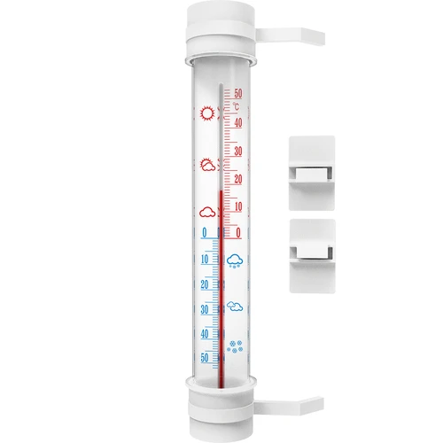 Großes Fensterthermometer zum Aufkleben, weiß (-50°C bis +50°C) 27cm  - 1 ['rundes Thermometer', ' welche Temperatur']