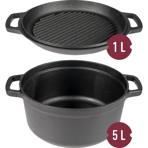 Gusseisen-topf mit pfanne, 5 L + 1 L - 2 ['Topf und Pfanne', ' 2 in 1', ' Gusseisentopf', ' Gusseisenpfanne', ' Gusseisenpfanne', ' Kochgeschirrset aus Gusseisen', ' zum Kochen', ' Braten', ' Backen', ' fürs Feuer', ' Grillpfanne']