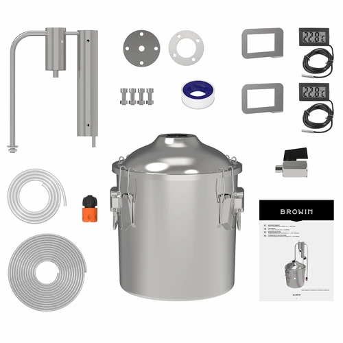 Klassischer Destillator Convex 18 L - 1 Absatzbecken - 3 ['Browin-Destillator', ' modulare Destillatoren', ' Destillator mit Absatzbecken', ' modularer Destillator', ' Absatzbecken für Destillator', ' reines Destillat', ' Destillier-Set', ' gewölbter Deckel', ' Deckel vom Typ convex', ' Destillationsbehälter mit Deckel', ' ausbaubares Destillier-Set', ' Destillation auf verschiedenen Wärmequellen']