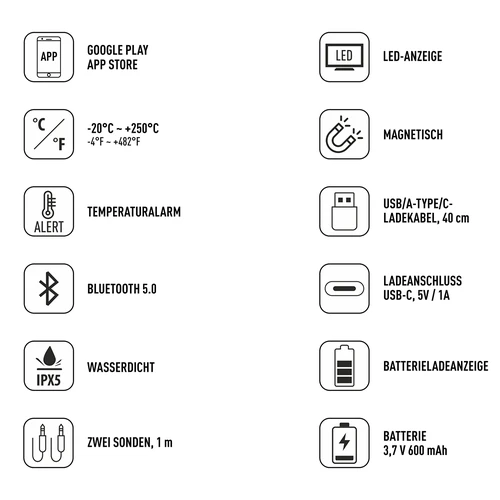 Küchenthermometer mit Bluetooth, 2 Sonden - 8 ['Küchenthermometer', ' Lebensmittelthermometer', ' zum Kochen', ' zum Räuchern', ' zum Backen', ' Fleischthermometer', ' Kuchenthermometer', ' Thermometer mit Bluetooth', ' universelles Thermometer', ' bestes Küchenthermometer', ' Thermometer mit Sonde', ' Thermometer mit App', ' Geschenkidee']