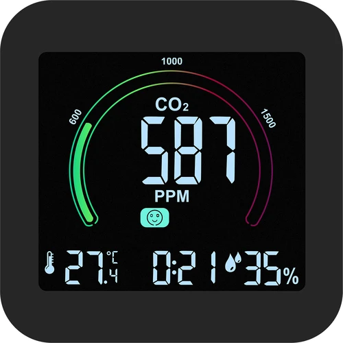 Multifunktionaler Luftqualitätssensor - 2 ['Luftqualitätssensor', ' Luftsensor', ' Luftsensoren', ' Thermometer', ' Feuchtigkeitsmessung', ' CO₂-Konzentration', ' Kohlendioxid-Konzentration', ' CO₂-Sensor', ' Wecker', ' Uhr mit Wecker', ' Luftkomfortniveau']