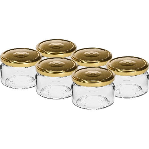 Niedriges Glas 200 ml - mit goldfarbenem Schraubverschluss fi 82/6, 6 St.  - 1 ['niedriges Glas', ' Glas aus Glas', ' Glas 200 ml', ' Twist-Off-Schraubverschluss', ' Marmeladeglas', ' Behälter zur Aufbewahrung', ' hausgemachte Einmachprodukte', ' Glas für Heringe', ' Glas für Salate', ' Glas für Desserts']