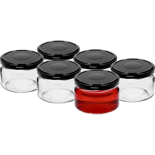 Niedriges Glas 200 ml - mit schwarzem Schraubverschluss fi 82/6, 6 St. - 2 ['niedriges Glas', ' Glas aus Glas', ' Glas 200 ml', ' Twist-Off-Schraubverschluss', ' Marmeladeglas', ' Behälter zur Aufbewahrung', ' hausgemachte Einmachprodukte', ' Glas für Heringe', ' Glas für Salate', ' Glas für Desserts']