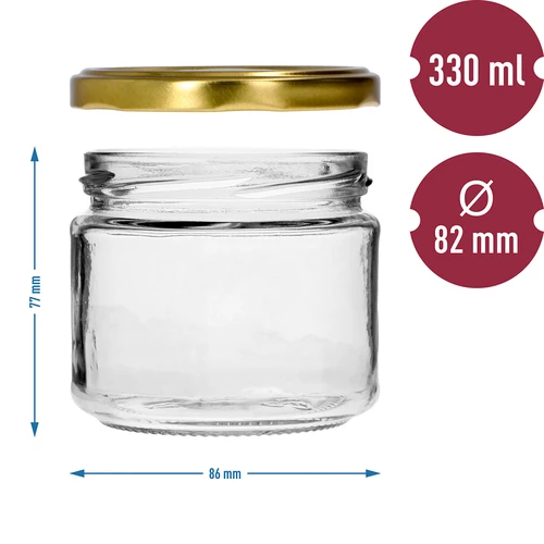 Niedriges Glas 330 ml - mit goldfarbenem Schraubverschluss fi 82/6, 6 St. - 7 ['niedriges Glas', ' Glas aus Glas', ' Glas 300 ml', ' Twist-Off-Schraubverschluss', ' Marmeladeglas', ' Behälter zur Aufbewahrung', ' hausgemachte Einmachprodukte', ' Glas für Heringe', ' Glas für Salate', ' Glas für Desserts']