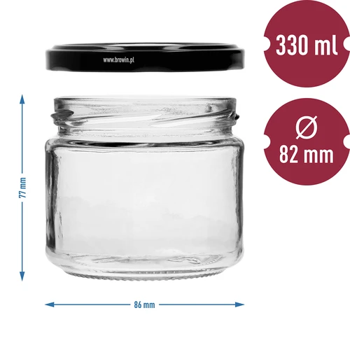 Niedriges Glas 330 ml - mit schwarzem Schraubverschluss fi 82/6, 6 St. - 7 ['niedriges Glas', ' Glas aus Glas', ' Glas 330 ml', ' Twist-Off-Schraubverschluss', ' Marmeladeglas', ' Behälter zur Aufbewahrung', ' hausgemachte Einmachprodukte', ' Glas für Heringe', ' Glas für Salate', ' Glas für Desserts']