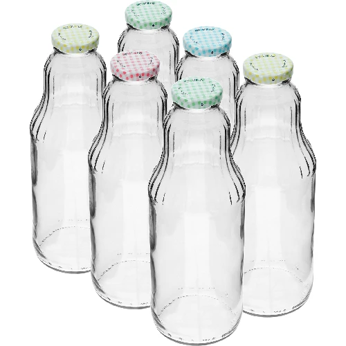 Saftflasche 1 L mit Twist-Off-Schraubverschluss, Ø 43  - 1 ['Saftflasche', ' Glasflasche', ' Flasche 1 L', ' Saftflaschen', ' 6 x Glasflasche für Saft', ' Flasche für Sahne', ' Flaschen mit Schraubverschluss', ' Flaschen mit Schraubverschlüssen', ' Click-Verschlüsse', ' bunte Schraubverschlüsse', ' Schraubverschlüsse mit Karo-Aufdruck', ' Flasche für Limonade', ' Milchshakes', ' Smoothies']