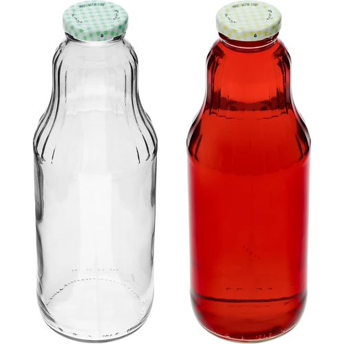 Saftflasche 1 L mit Twist-Off-Schraubverschluss, Ø 43 - 6 ['Saftflasche', ' Glasflasche', ' Flasche 1 L', ' Saftflaschen', ' 6 x Glasflasche für Saft', ' Flasche für Sahne', ' Flaschen mit Schraubverschluss', ' Flaschen mit Schraubverschlüssen', ' Click-Verschlüsse', ' bunte Schraubverschlüsse', ' Schraubverschlüsse mit Karo-Aufdruck', ' Flasche für Limonade', ' Milchshakes', ' Smoothies']