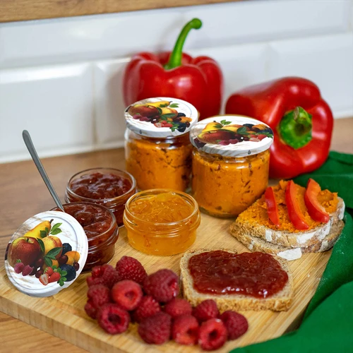 Schraubverschluss fi 66/4 Obst auf weißem Hintergrund - 10 St. - 4 ['Schraubverschlüsse für Gläser', ' Deckel für Gläser', ' Schraubverschlüsse mit Obstmotiv', ' dekorative Schraubverschlüsse für Gläser', ' Schraubverschlüsse 4 Nocken', ' Schraubverschlüsse mit Click', ' Schraubverschlüsse für Marmelade', ' Schraubverschlüsse für Konfitüre', ' Schraubverschlüsse für Kompotte']