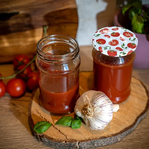 Schraubverschlüsse mit Tomatenmuster 66/4 10 St. - 8 ['weißer Schraubverschluss', ' buntes Tomatenmuster', ' Pasteurisierung', ' Kontrolle des Prozesses', ' Aufbewahrung', ' Größe fi Tomaten 66', ' Dekoration der Speisekammer', ' Schraubverschlüsse für die Pasteurisierung', ' Schraubverschlüsse Gemüse', ' Schraubverschlüsse Tomaten']