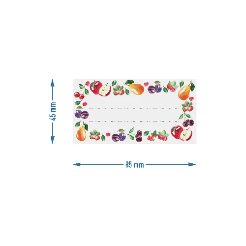 Selbstklebende Etiketten Mix Muster Früchte 85/45 mm - 4 ['Etiketten', ' Konservierungsmittel-Etiketten', ' Gewürz-Etiketten', ' Flaschen-Etiketten', ' Selbstklebe-Etiketten', ' Wein-Etiketten', ' Glas-Etiketten', ' Aufkleber für Notizbücher', ' Etiketten für Schachteln', ' Etiketten für Behälter', ' Geschenk-Etiketten']