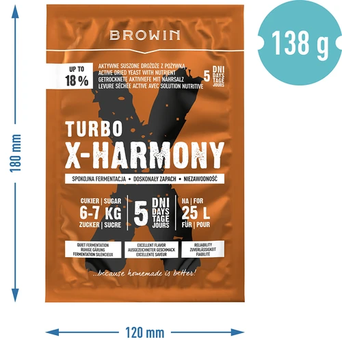 Turbohefe X-Harmony 18%, 25 L, 138 g - 6 ['Brennhefe', ' Hefe für Alkohol', ' Turbohefe', ' Harmony-Hefe', ' 18%-Hefe', ' Hefe für selbstgebrannten Schnaps', ' Hefe für Selbstgebrannten', ' Brennhefe für 25 Liter', ' Ansatz 25 L', ' saubere Gärung', ' Zuckergärung', ' für Zuckeransätze', ' ruhige Gärung', ' angenehmer Geruch während der Gärung', ' stabile Gärung', ' einfaches Klären', ' Destillation', ' X-Hefe', ' Browin-Hefe', ' 18%-Hefe', ' Alkoholhefe', ' empfohlene Hefe', ' hochwertige Hefe', ' Trockenhefe mit Nährstoffzusatz', ' einfaches Klären des Ansatzes.']