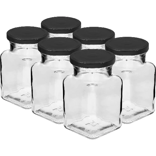 Twist-Off Glas 150 ml viereckig Ø 53 mit schwarzem Schraubverschluss, 6 St.  - 1 ['Einmachgläser', ' Gläser 150 ml', ' Gläser mit Twist-Off-Schraubverschlüssen', ' Gläser mit Click-Schraubverschlüssen', ' Gläserset', ' Gläser für Einmachprodukte', ' Gläser mit bunten Schraubverschlüssen', ' bunte Schraubverschlüsse', ' Marmeladegläser', ' Gewürzgläser', ' Glas', ' Glas mit Schraubverschluss']