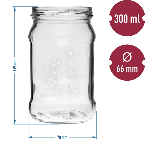 Twist-Off-Glas 300 ml mit Aufdruck „Obst“ und Schraubverschluss Ø66/4 - 6 St. - 6 ['bedruckte Gläser', ' dekorative Gläser', ' Gläser mit Schraubverschluss', ' Einmachgläser', ' elegante Gläser', ' Marmeladengläser', ' bedruckte Gläser', ' grafische Gläser', ' Einmachgläser', ' Vorratsgläser', ' TO-Glas', ' Twist-off-Glas']