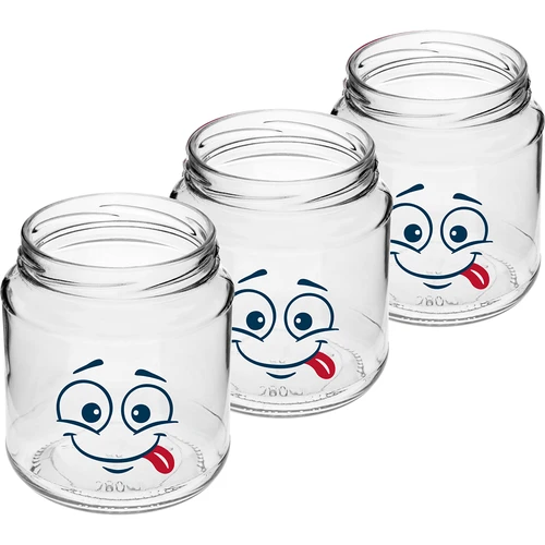 Twist-Off-Glas 580 ml mit Smiley-Aufdruck mit Schraubverschluss fi82/6 - 3 St. - 3 ['Gläser', ' Glas aus Glas', ' Gläser aus Glas', ' Glas mit Schraubverschluss', ' Glas mit Aufdruck', ' Glas für Mittagessen', ' Glas für Lebensmittel', ' Glas', ' Gläserset', ' Gläser fi 82', ' Gläser mit Schraubverschlüssen 6 Nocken', ' Gläser mit schwarzen Schraubverschlüssen', ' für Einmachprodukte']