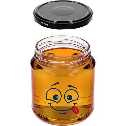 Twist-Off-Glas 580 ml mit Smiley-Aufdruck mit Schraubverschluss fi82/6 - 3 St. - 6 ['Gläser', ' Glas aus Glas', ' Gläser aus Glas', ' Glas mit Schraubverschluss', ' Glas mit Aufdruck', ' Glas für Mittagessen', ' Glas für Lebensmittel', ' Glas', ' Gläserset', ' Gläser fi 82', ' Gläser mit Schraubverschlüssen 6 Nocken', ' Gläser mit schwarzen Schraubverschlüssen', ' für Einmachprodukte']