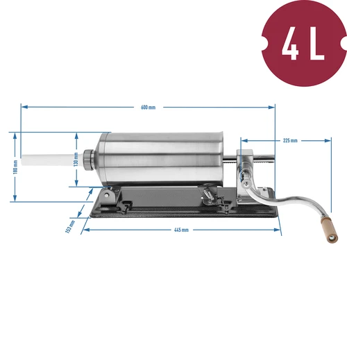 Waagerechter Wurstfüller 4 kg - 10 ['black weekend', ' horizontale Füllmaschine 4 kg', ' Füllmaschine', ' für Würste', ' zum Füllen von Hausmacherwurst', ' Spritze', ' gastronomische Füllmaschine', ' Hausmacherfüllmaschine', ' Metzgereiausrüstung', ' Fülltrichter', ' Hausmacherwurstfüllmaschine']