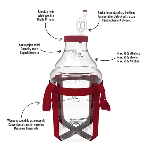 Weinballon, unzerbrechlicher Ballon mit Tragegurten - 15 L - 4 ['Weinballons', ' Bierballons', ' Weinbehälter', ' Bierbehälter', ' PET-Behälter', ' Weitluftballons', ' Weinbausätze', ' unzerbrechliche Behälter', ' Gärbehälter', ' Gärballons', ' Ballons mit Verschluss', ' Ballons mit Zubehör', ' Weinneuheiten', ' selbstgemachter Wein', ' selbstgemachtes Bier', ' Tragebänder', ' Ballons', ' Kunststoff', ' unzerbrechlich', ' Gärbehälter', ' Dymion', ' Kürbis', ' Gallone', ' Wein', ' Bier', ' mit Gurten', ' Bausatz']