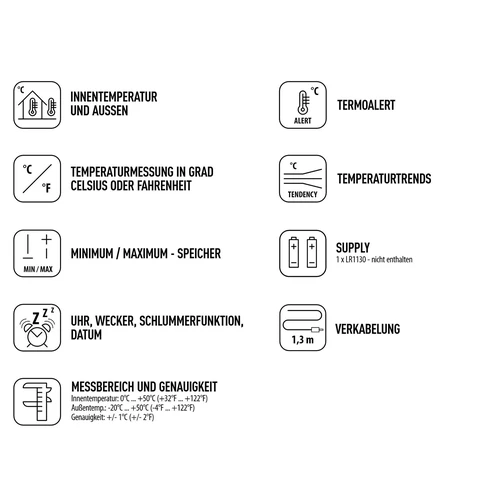 Wetterstation – Elektronisches, Sonde, schwarz - 2 ['Uhrenthermometer', ' Innenthermometer', ' Raumthermometer', ' Außenthermometer', ' Hängethermometer', ' Standthermometer']